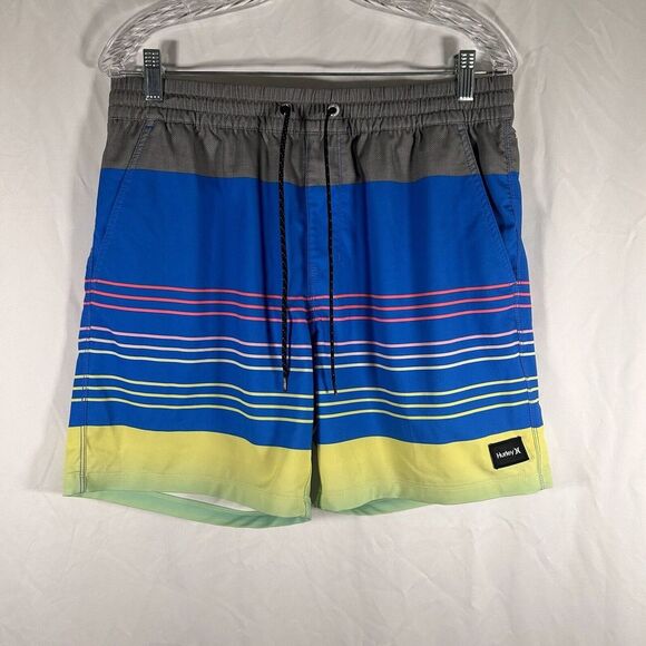 Hurley Trunks Men's Medium Grey Blue Striped Pull On Drawstring No Lining - Picture 1 of 12